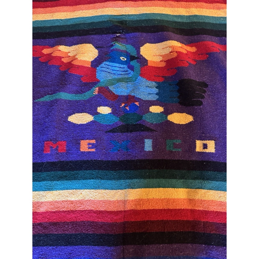 Vintage Mexican Woven Blanket Thunderbird Bright Colors Fringe